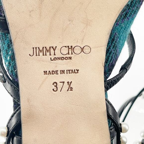 Jimmy Choo Celestia 25 Peacock Tartan Silver Studded Pearl Ballet Flat IT 37.5 - Picture 13 of 13